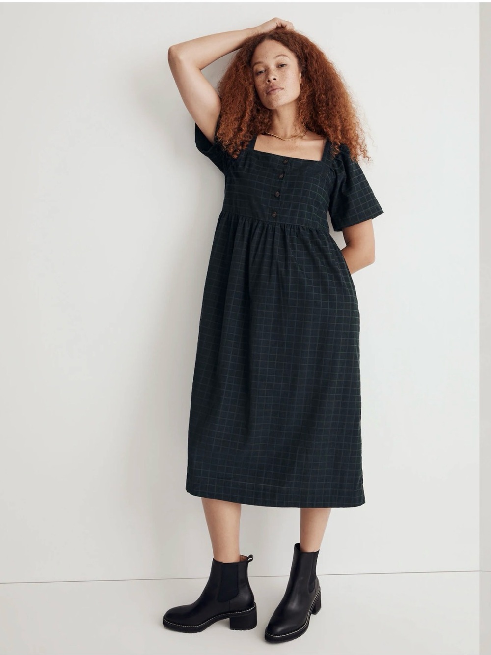 Madewell Grid Pattern Women’s Size M Corduroy Square-Neck Dark Palm Midi Dress